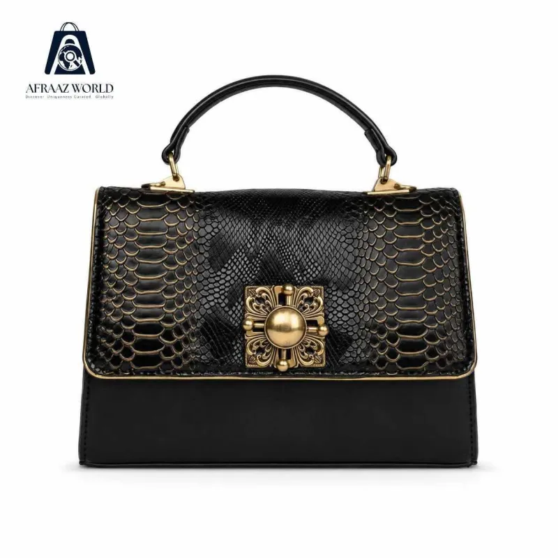 Black Snakeskin-Embossed Top Handle Bag with Ornate Gold Clasp